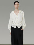 unspoken Cream Polyester Sailor Collar Button Front Loose Fit Office Minimalist Blouses