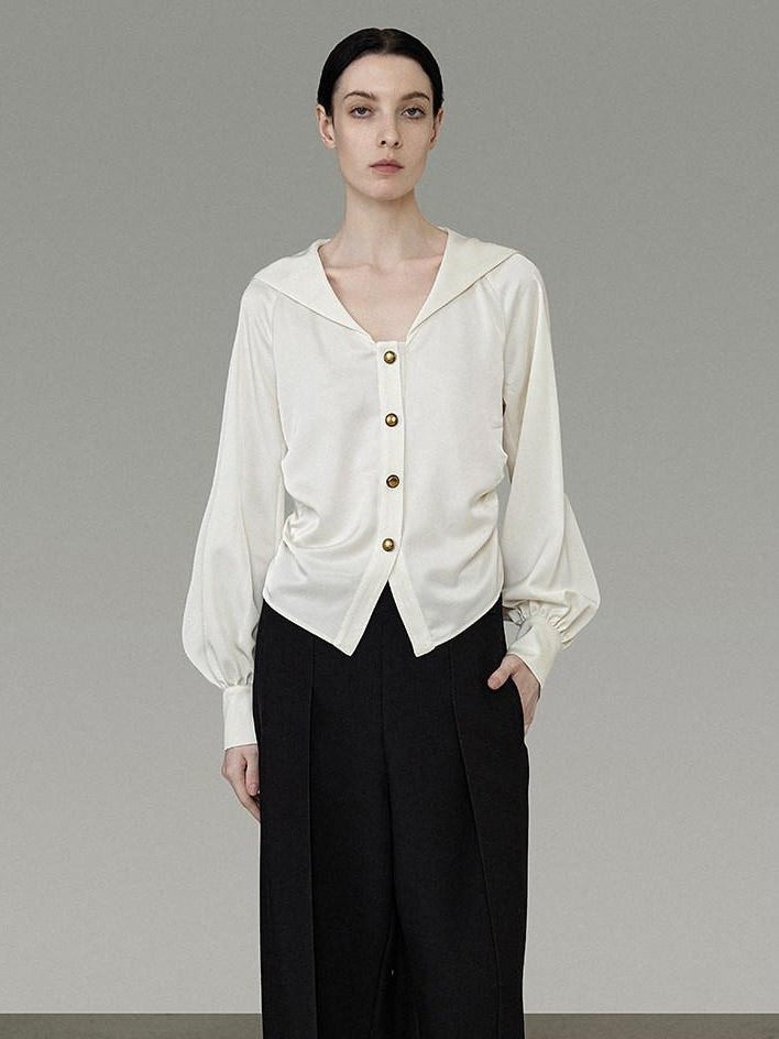 unspoken Cream Polyester Sailor Collar Button Front Loose Fit Office Minimalist Blouses