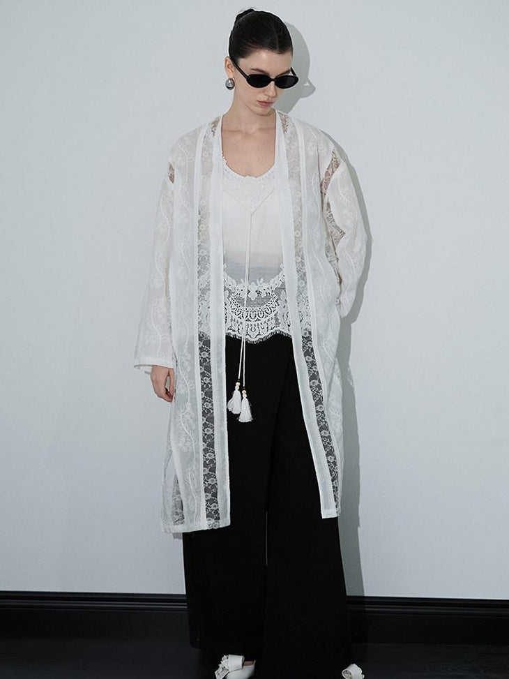 audreyyang Lightweight Breathable Loose Fringe Mid Length Women Cotton Solid Cardigans