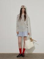 Lofi choose Polyester Blend Colorblock Blue Stripe Relaxed Crew Neck Long Sleeve T-Shirts