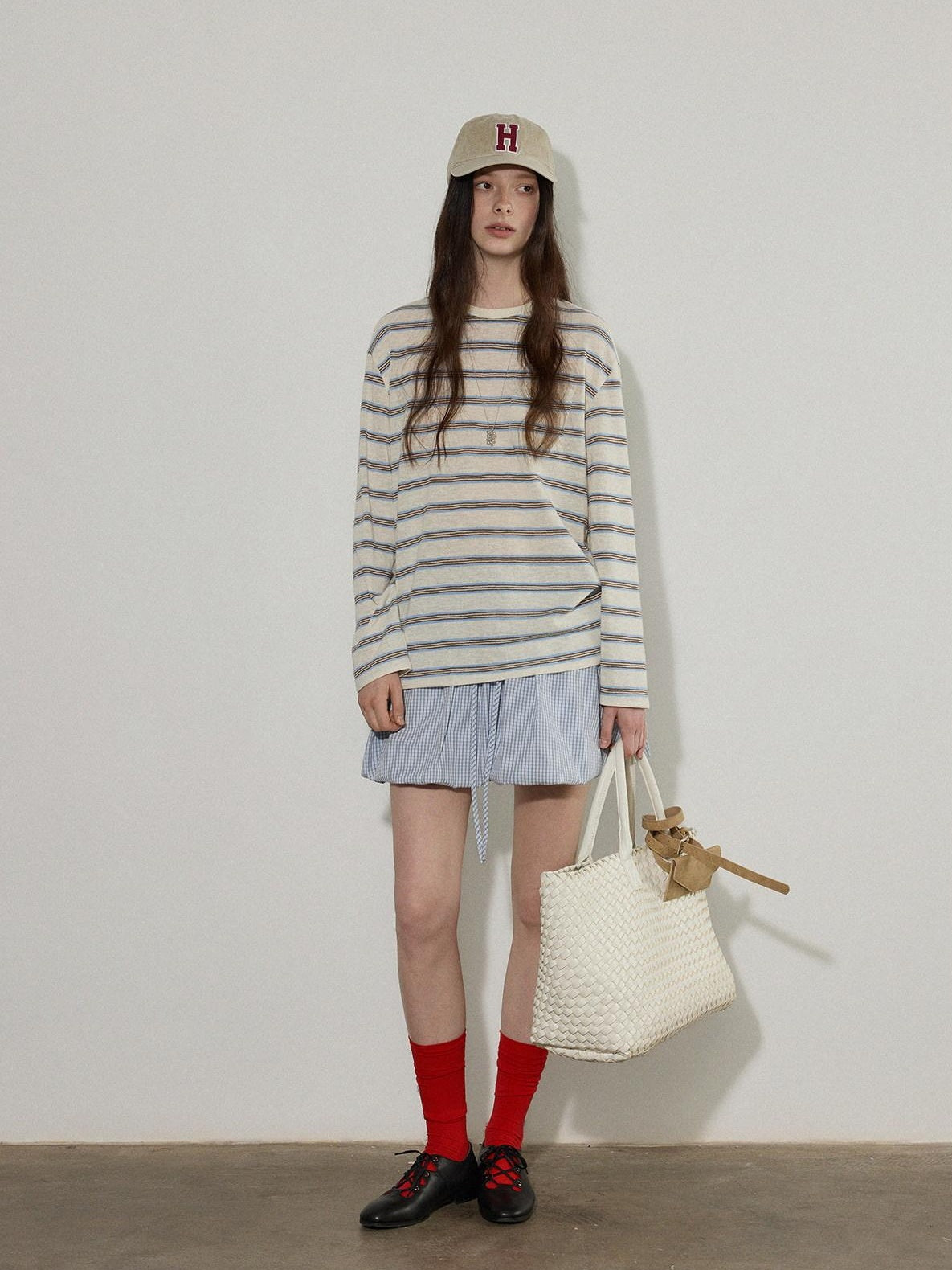 Lofi choose Polyester Blend Colorblock Blue Stripe Relaxed Crew Neck Long Sleeve T-Shirts