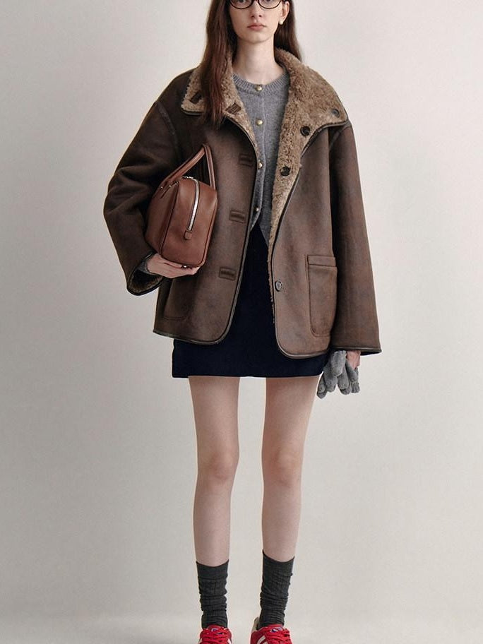 fano Reversible Vintage Straight Stand Collar Women Coffee Brown Short Coat