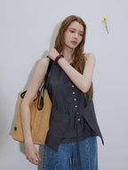 Lofi choose Button Front Loose Workwear Sleeveless Charcoal Off Shoulder Crop Tops