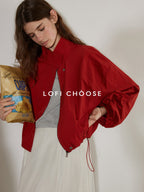 Lofi choose Breathable Drawstring Hem Loose Fit Stand Collar Women Zip Cropped Jackets