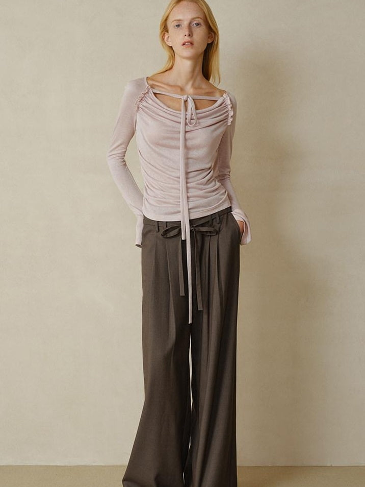 someonesometimes Lyocell Blend Slim Ruched Bell Sleeve Mauve Drape Neck Long Sleeve T-Shirts