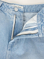 audreyyang High Waist Water Washed Light Blue Zipper Fly No Stretch Women Wide Leg Jeans