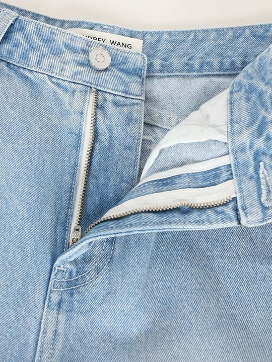 audreyyang High Waist Water Washed Light Blue Zipper Fly No Stretch Women Wide Leg Jeans
