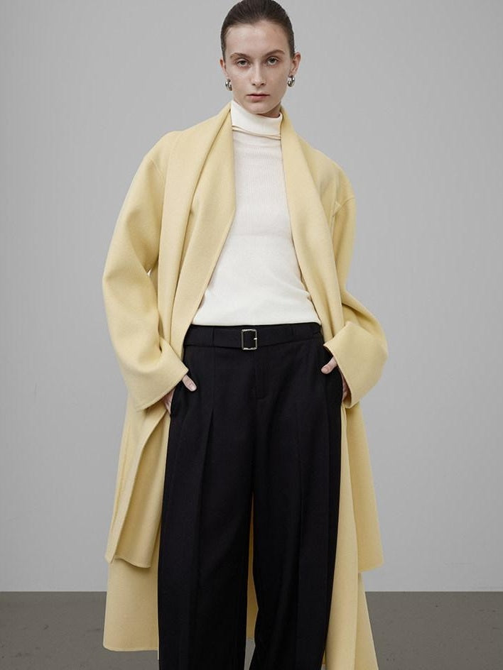 unspoken 100 Percent Wool Bright Yellow Long Straight Minimalist Office Wool Coats