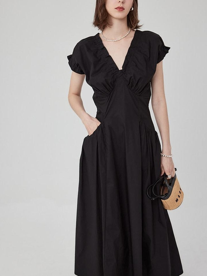 fano Pleated High Waist A Line V-neck Flutter Sleeves 100% Cotton Casual Maxi Dresses