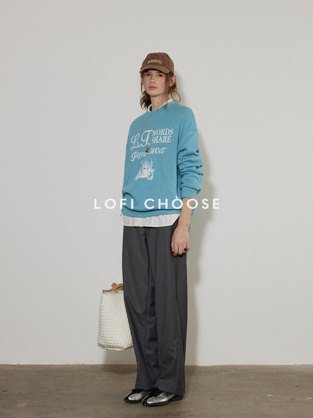 Lofi choose Cozy Oversized Crewneck Long Sleeve Commuter Blue Khaki Sweatshirt