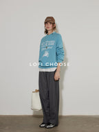 Lofi choose Cozy Oversized Crewneck Long Sleeve Commuter Blue Khaki Sweatshirt