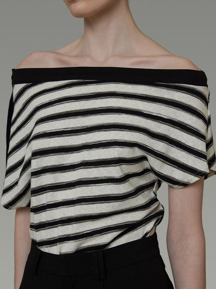 unspoken Soft Cotton Knit Striped Loose Minimalist Women Bardot Off Shoulder Crop Tops