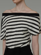 unspoken Soft Cotton Knit Striped Loose Minimalist Women Bardot Off Shoulder Crop Tops