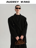 audreyyang Cotton Linen Casual Loose Double Breasted Womens Commuter Black Blazers