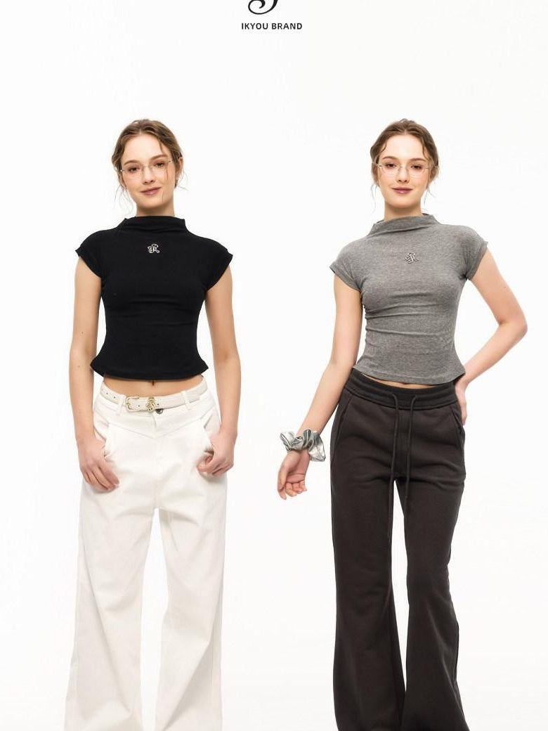 ikyou Cooling Wrinkle Free Slim Crop Half High Neck Solid Short Sleeve T-Shirts