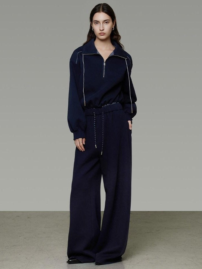 unspoken Breathable Soft Cotton Minimal Mid Rise Drawstring Navy Women Wide Leg Pants
