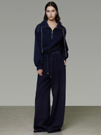 unspoken Breathable Soft Cotton Minimal Mid Rise Drawstring Navy Women Wide Leg Pants
