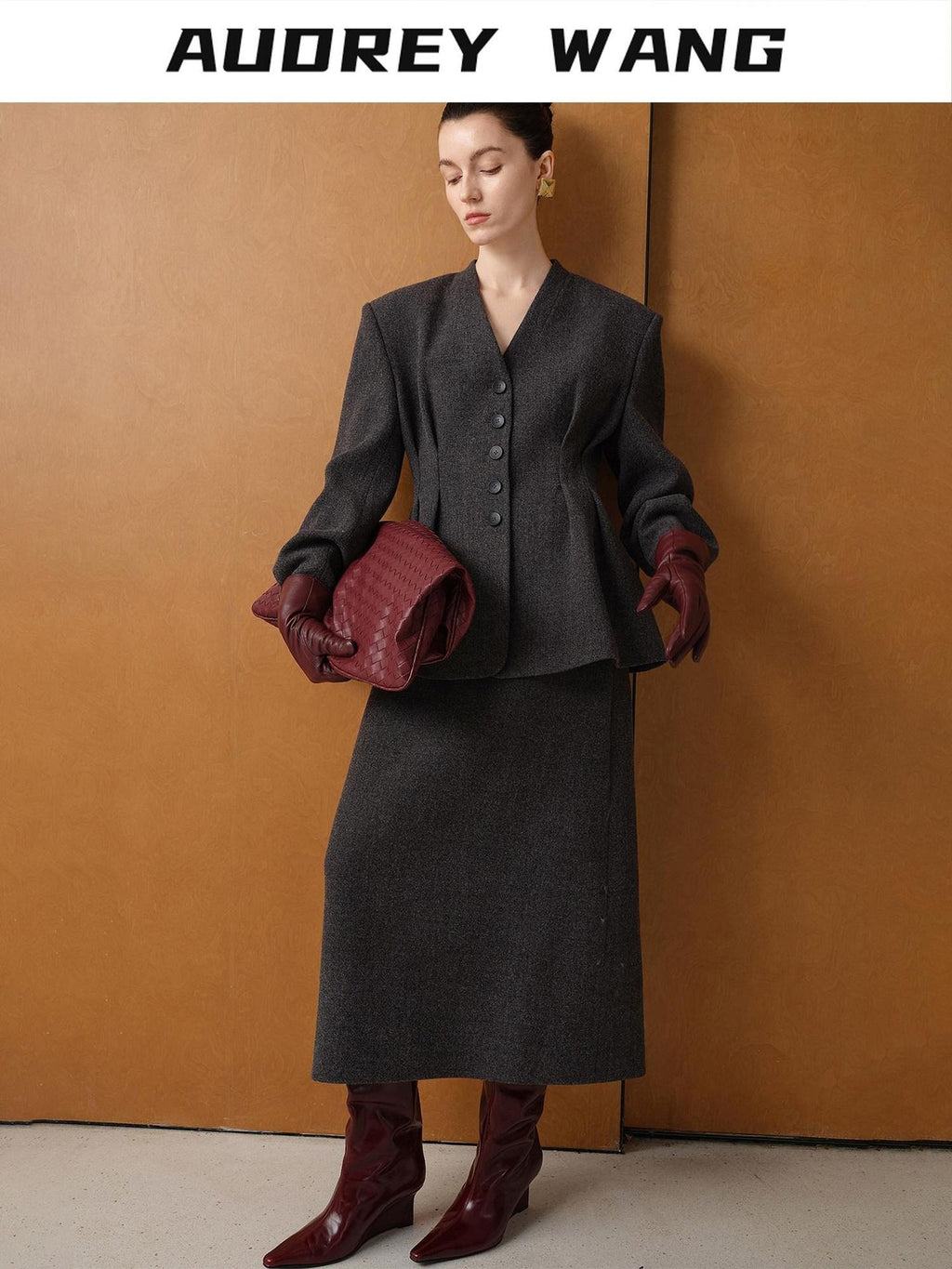 audreyyang Waist Cinch Slim Casual V-neck Single Breasted Women Office Black Wool Coats