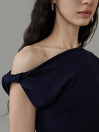 unspoken 3D Detail Slim Fit Minimal Commuter Asymmetric Neck Navy Off Shoulder Crop Tops