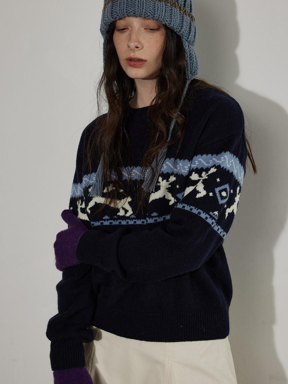 Lofi choose Cozy Thick Knit Pullover Loose Fit Commuter Crew Neck Navy Sweaters