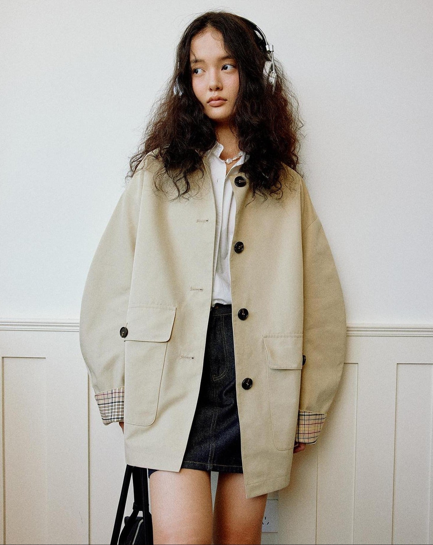 fano Khaki Black Contrast Short Cotton Blend Single Breasted Women Trench Coats