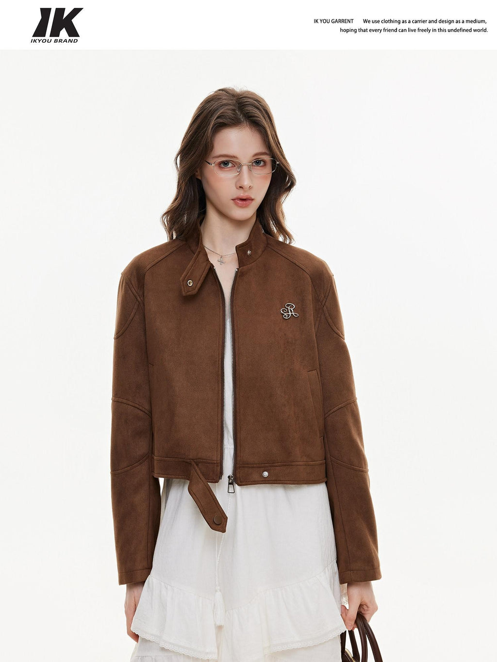 ikyou Durable Vintage Slim 3D Embellished Stand Collar Zip Brown Women Cropped Jackets