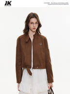 ikyou Durable Vintage Slim 3D Embellished Stand Collar Zip Brown Women Cropped Jackets