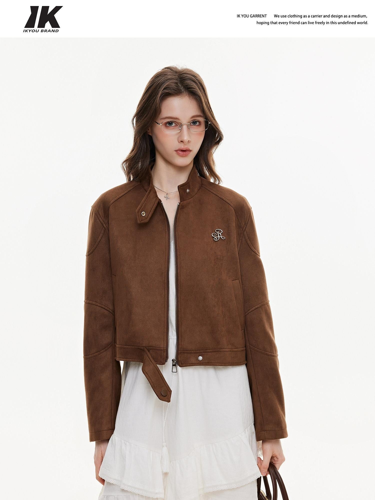 ikyou Durable Vintage Slim 3D Embellished Stand Collar Zip Brown Women Cropped Jackets