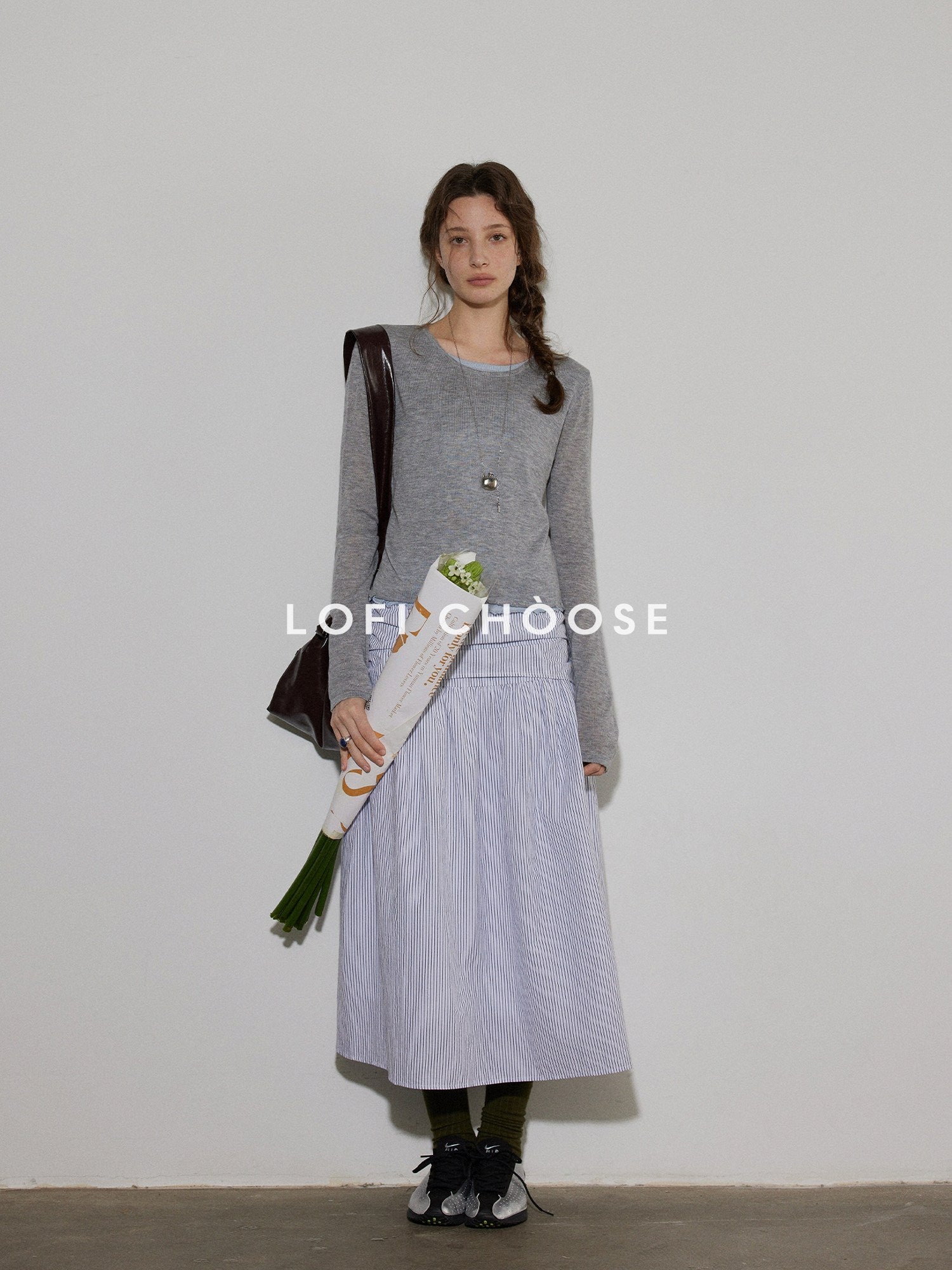 Lofi choose High Waist Cotton Comfort Pleated Loose Fit Office Women Blue Stripe Midi Skirts