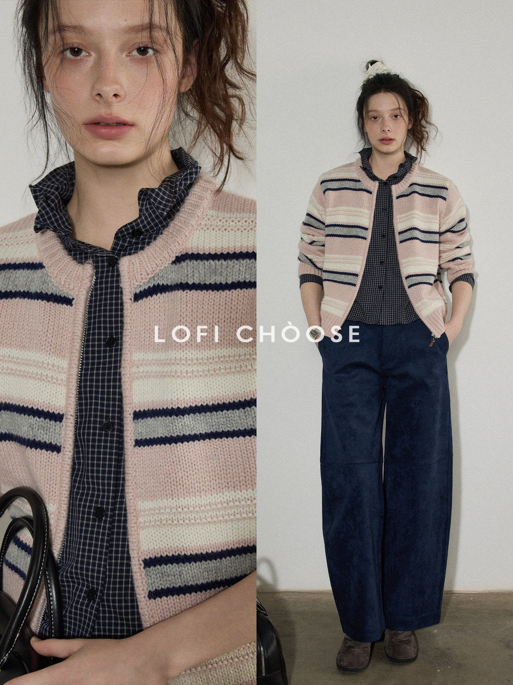 Lofi choose Pure Cotton Loose Fit Plaid Button Front Turn Down Collar Office Women Blouses