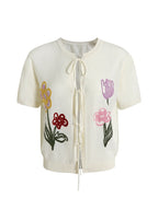 fano_V-neck_Tie_Front_Floral_Short_Sleeve_Korean_Loose_Fit_Women_Beige_Cardigans_MISSTT