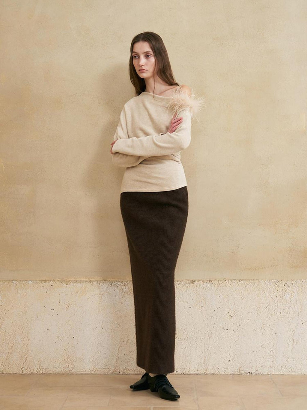 someone sometimes Lined Mid Waist Slit Casual Straight Knit Dark Brown Daily Maxi Skirts