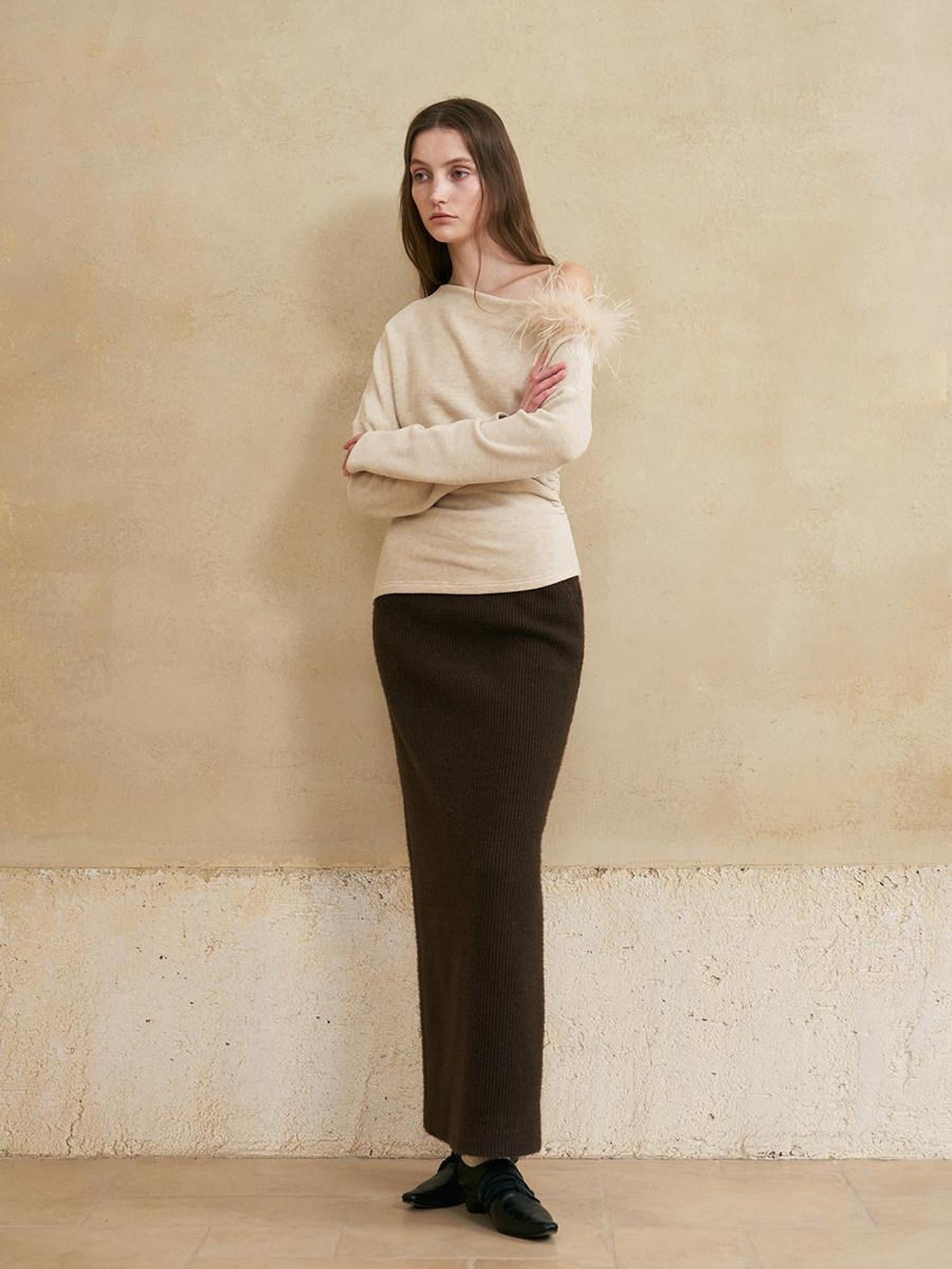 someone sometimes Lined Mid Waist Slit Casual Straight Knit Dark Brown Daily Maxi Skirts
