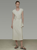 unspoken Cotton Blend Tie Waist Minimalist Commuter Short Sleeve U Neck Maxi Dresses