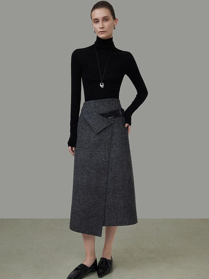 unspoken Wool Blend Lined Asymmetric Aline Mid Waist Minimal Workwear Women Midi Skirts