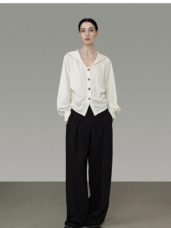 unspoken Cream Polyester Sailor Collar Button Front Loose Fit Office Minimalist Blouses