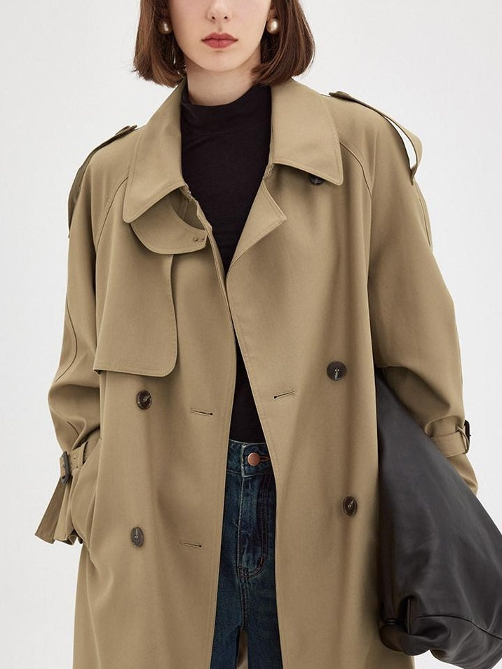 fano Pocketed Relaxed Raglan Midlength Double Breasted Khaki Womens Trench Coats