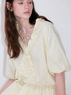 fano Pure Cotton High Waist Ruffle Puff Sleeve V-neck Yellow Striped Midi Dresses