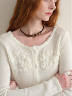 someonesometimes Hand Crochet Wool Floral Scallop Edge Casual Crewneck Button Women Cardigans