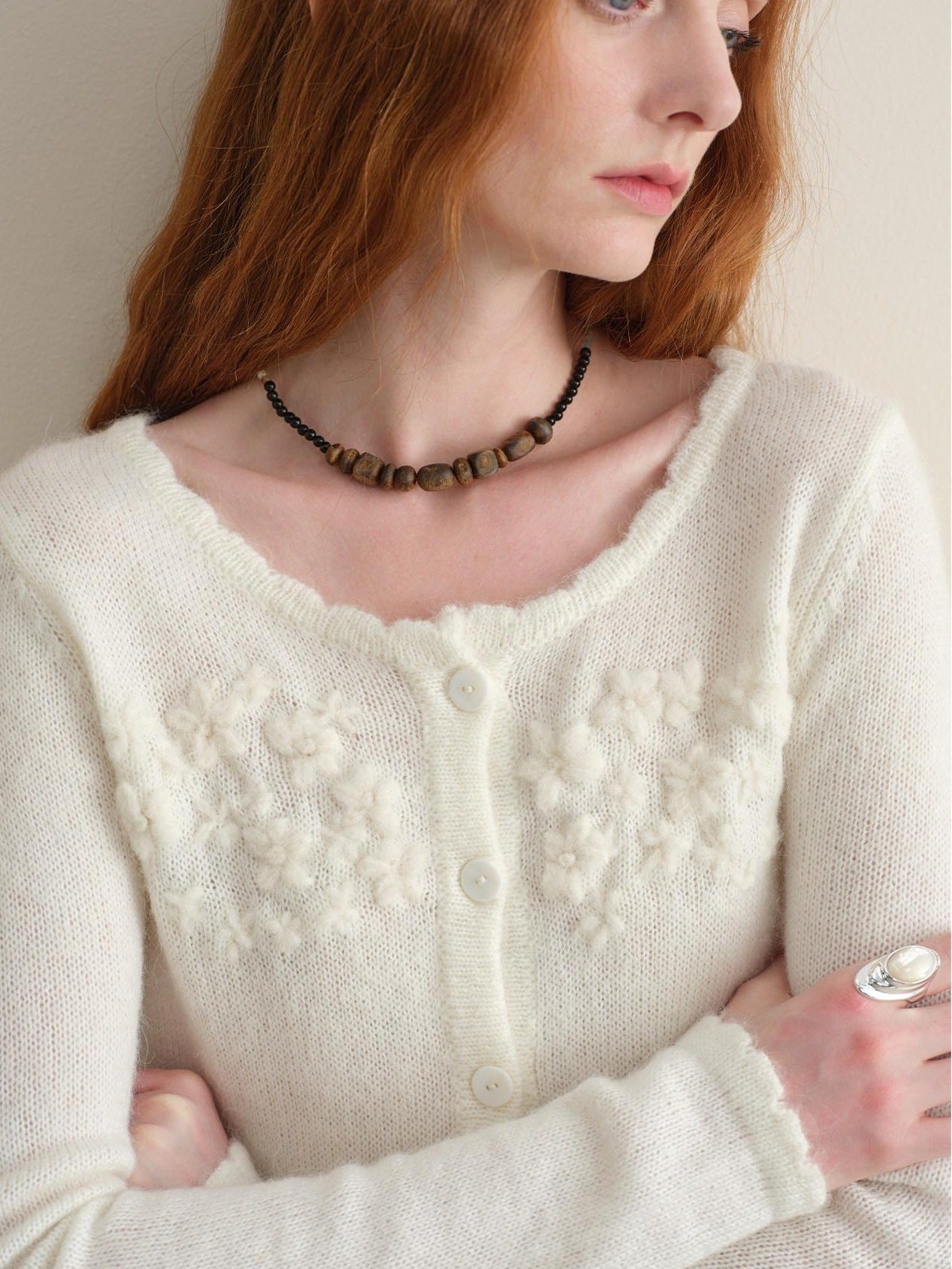 someonesometimes Hand Crochet Wool Floral Scallop Edge Casual Crewneck Button Women Cardigans