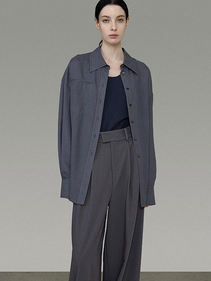 unspoken Skin Friendly Breathable Polyester Blend Loose Fit Blazer Collar Gray Shirts