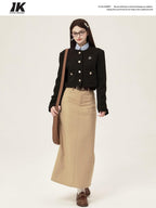 ikyou 3D Button Trim Slim Fit Office Long Sleeve Solid Polyester Cropped Jackets