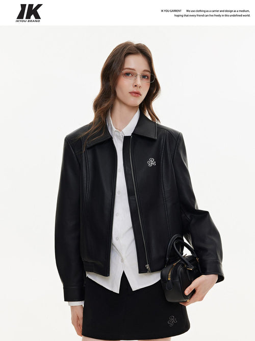 ikyou Durable Unisex Slim Fit Glossy Pu Black Lapel Zipper Short Leather Jackets