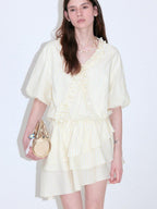 fano Pure Cotton High Waist Ruffle Puff Sleeve V-neck Yellow Striped Midi Dresses