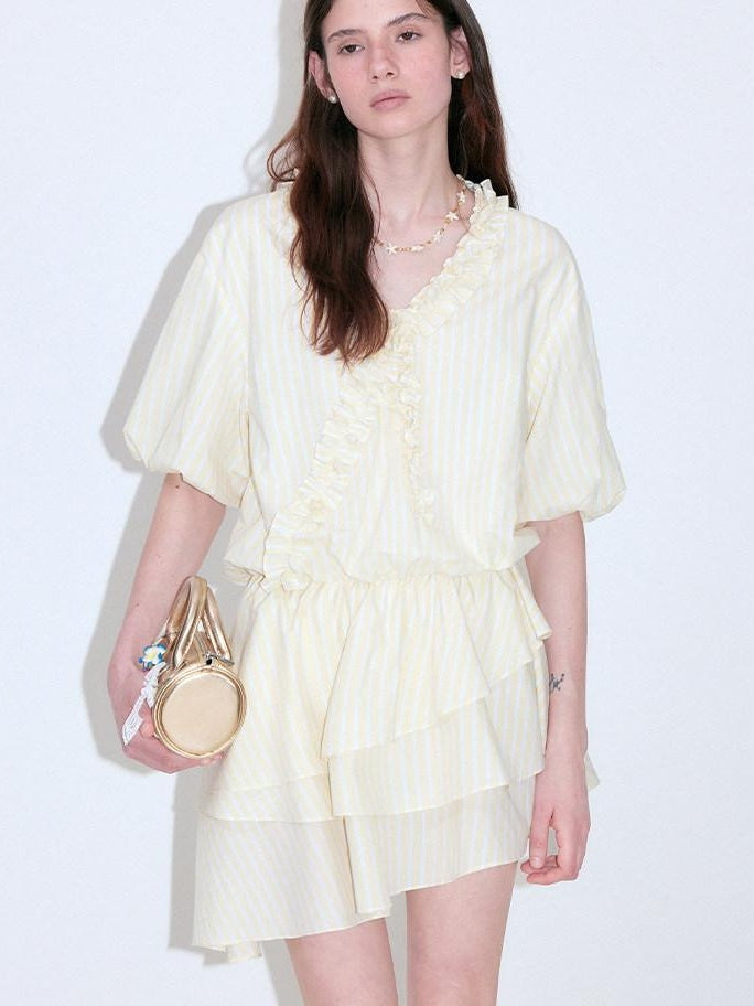 fano Pure Cotton High Waist Ruffle Puff Sleeve V-neck Yellow Striped Midi Dresses