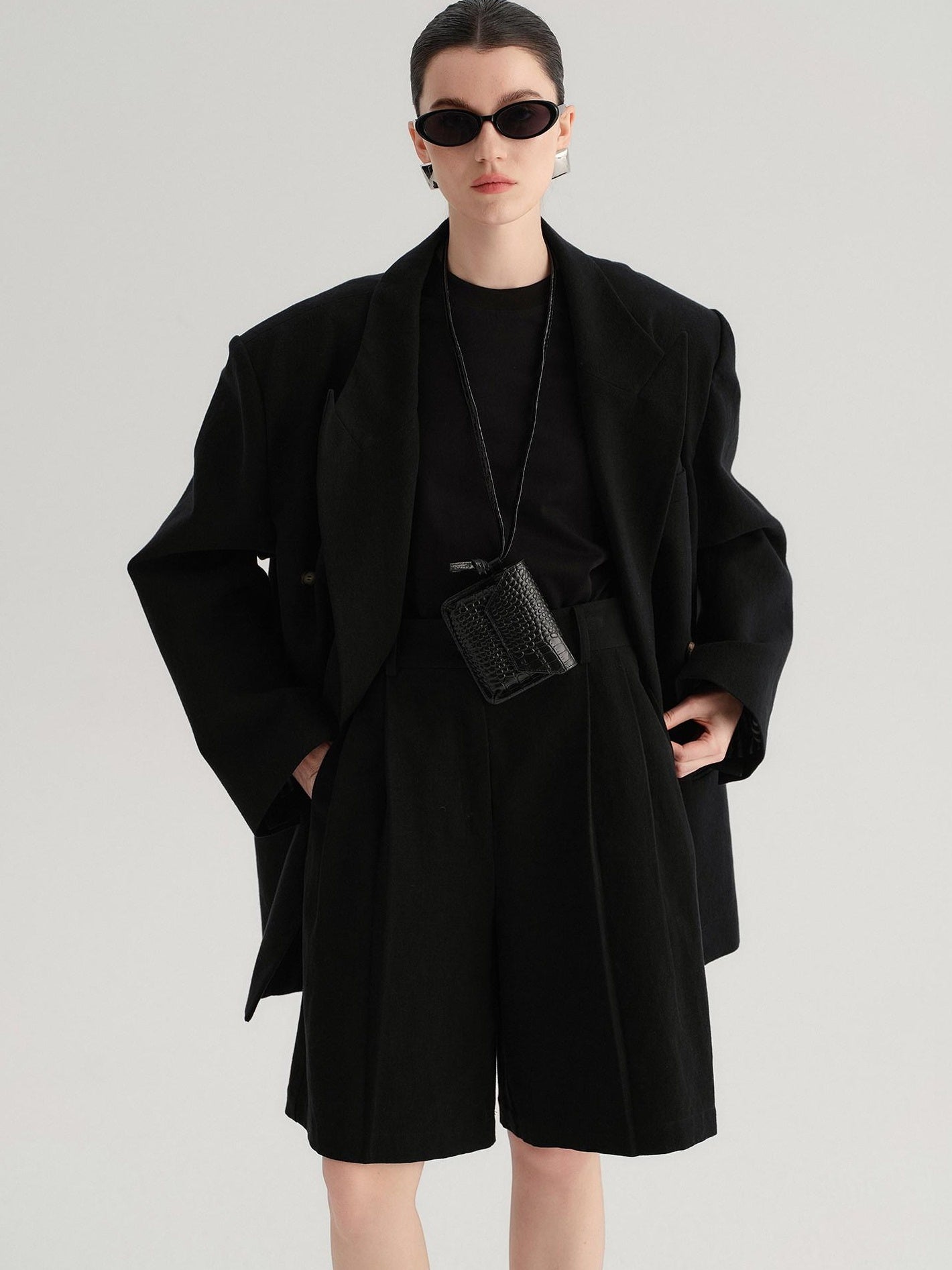 audreyyang Cotton Linen Blend Double Breasted Relaxed Casual Women Commuter Black Blazers