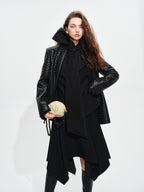 audreyyang Elegant Asymmetric Irregular Hem Mid Waist Front Zipper Black Midi Skirts