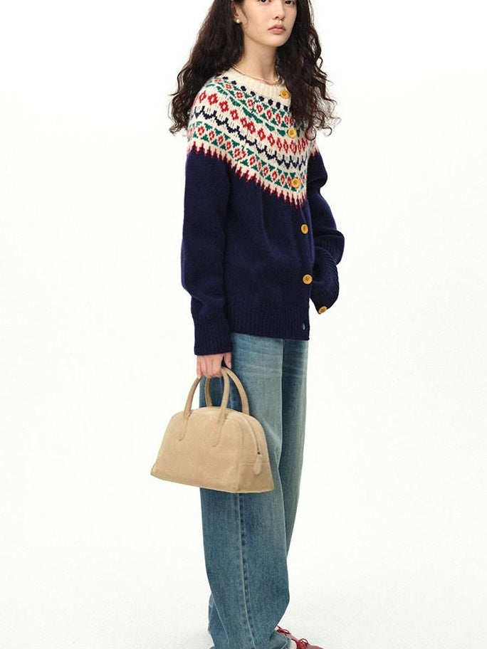 fano 100 Percent Wool Loose Fit Button Front Commuter Crew Neck Knit Cardigans