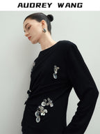 audreyyang Slim Minimal Office Crew Neck Long Sleeve Acetate Blend Black Cropped Jackets