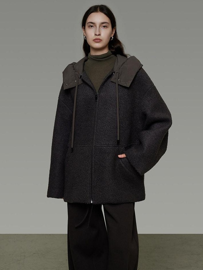 unspoken Premium Lambswool Hooded Relaxed Fit Minimal Commuter Zipper Gray Wool Coats
